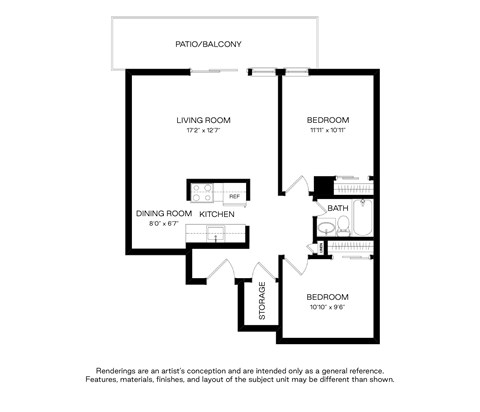 Floor plan for 2 beds, 1 bath, 763 sqft